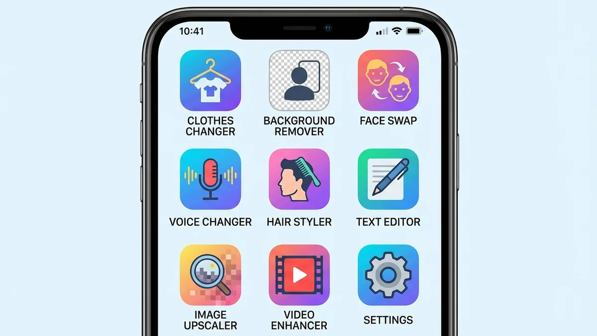 Various types of AI changer tools including clothes, background, and face swap applications