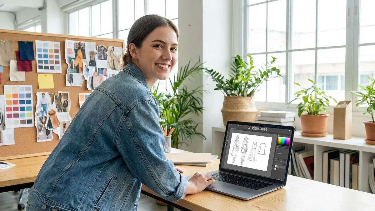 Entrepreneur working on laptop creating AI fashion designs with mood board and fabric samples nearby