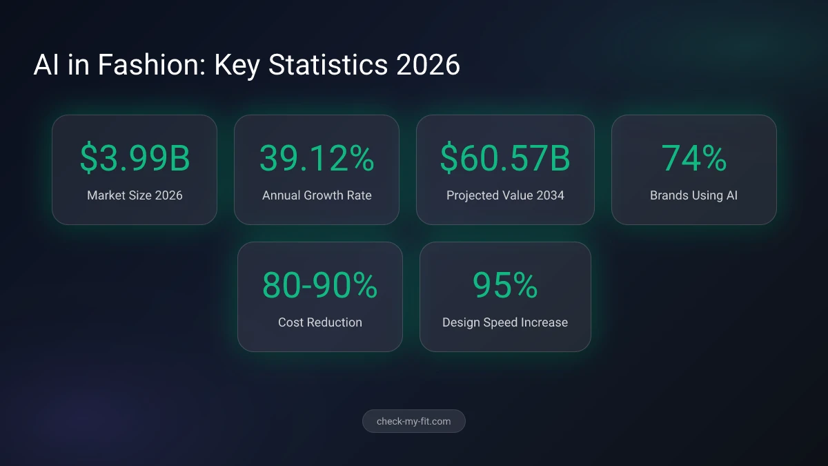 AI Clothing Brand Statistics infographic showing market size, growth rate, and adoption data