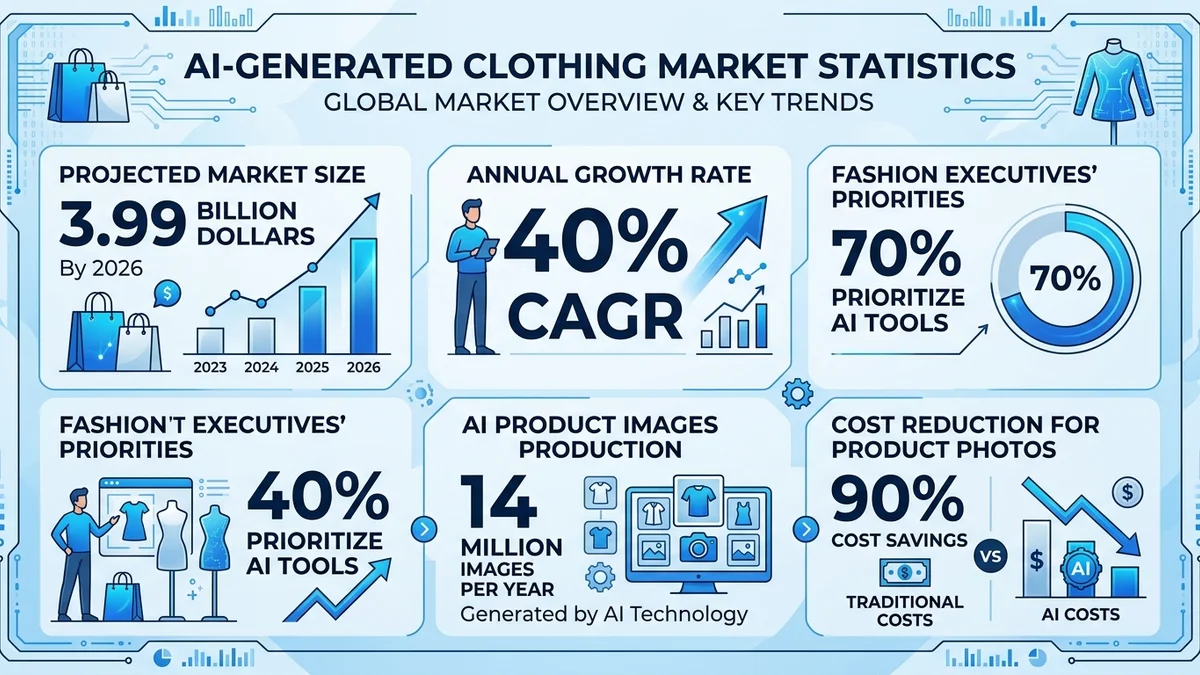 AI generated clothing statistics infographic showing market size, adoption rates, and time savings