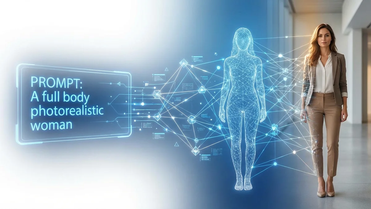 AI full body generation concept showing text-to-image process on digital screen