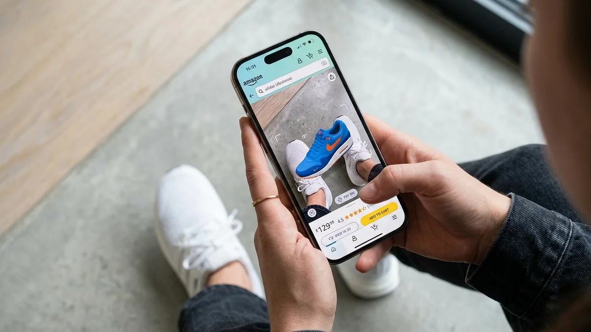 Person using Amazon virtual try-on feature on mobile phone pointing camera at feet to try shoes