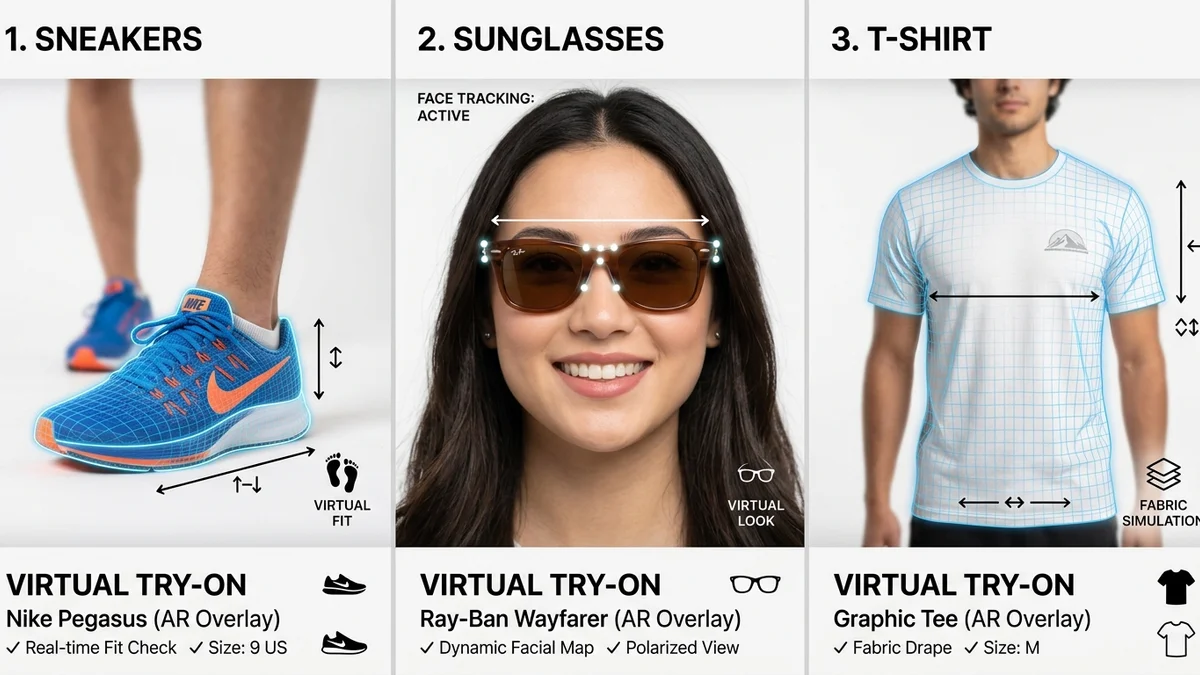 Comparison grid showing Amazon virtual try-on for different product categories shoes eyewear and shirts