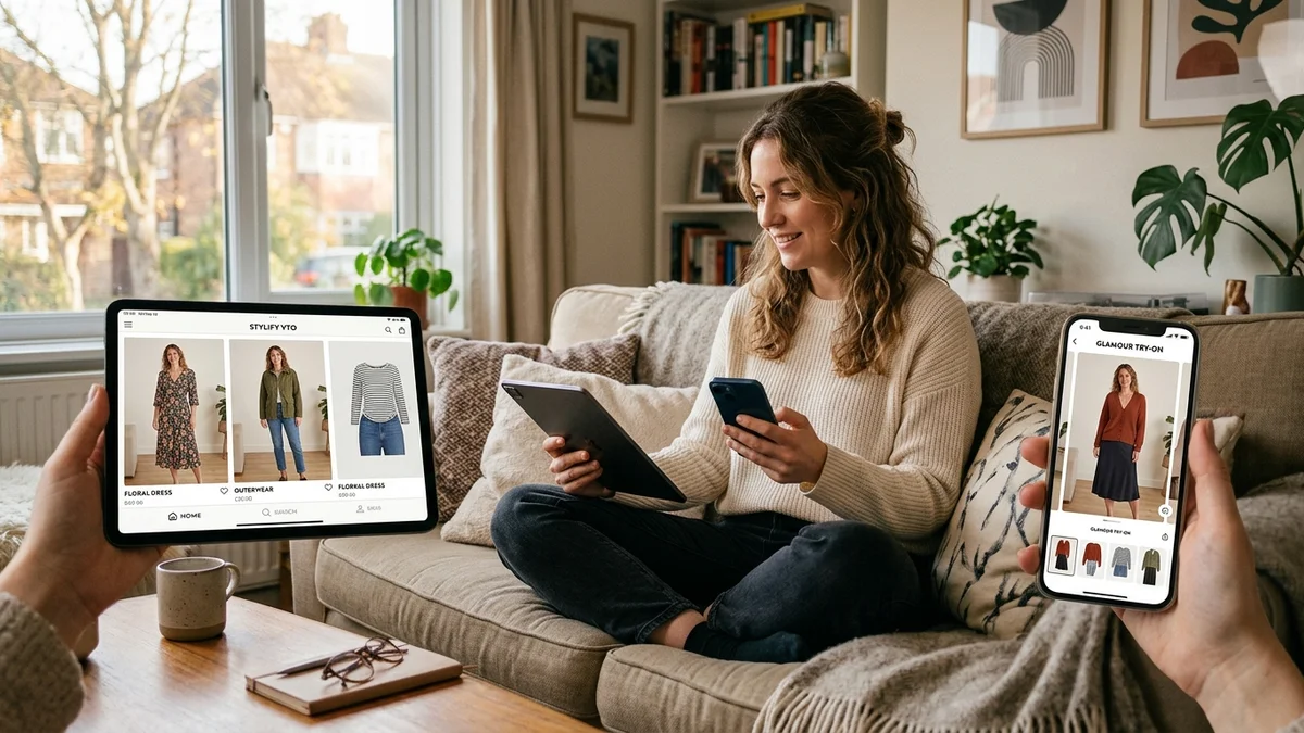 Person comparing multiple virtual try-on apps on tablet showing different clothing options
