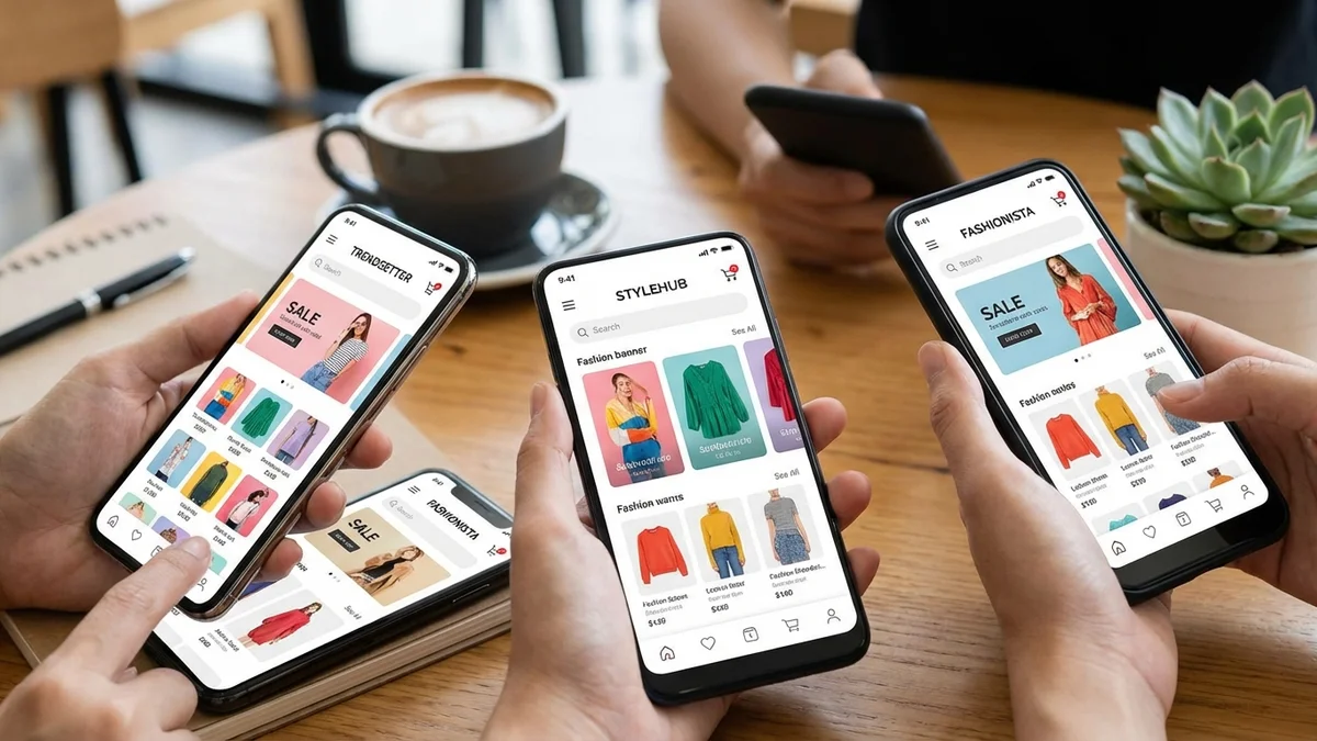 Collection of top shopping apps interfaces showing fashion products and deals