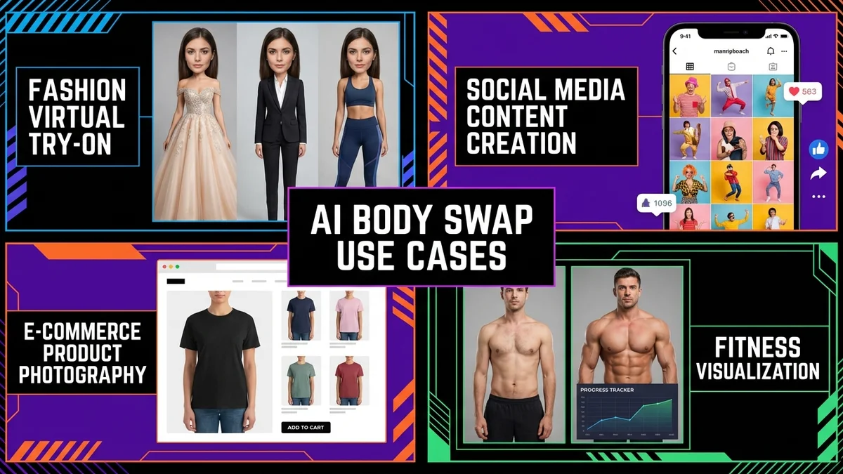 Creative uses of body swap AI showing fashion try-on, content creation, and e-commerce examples