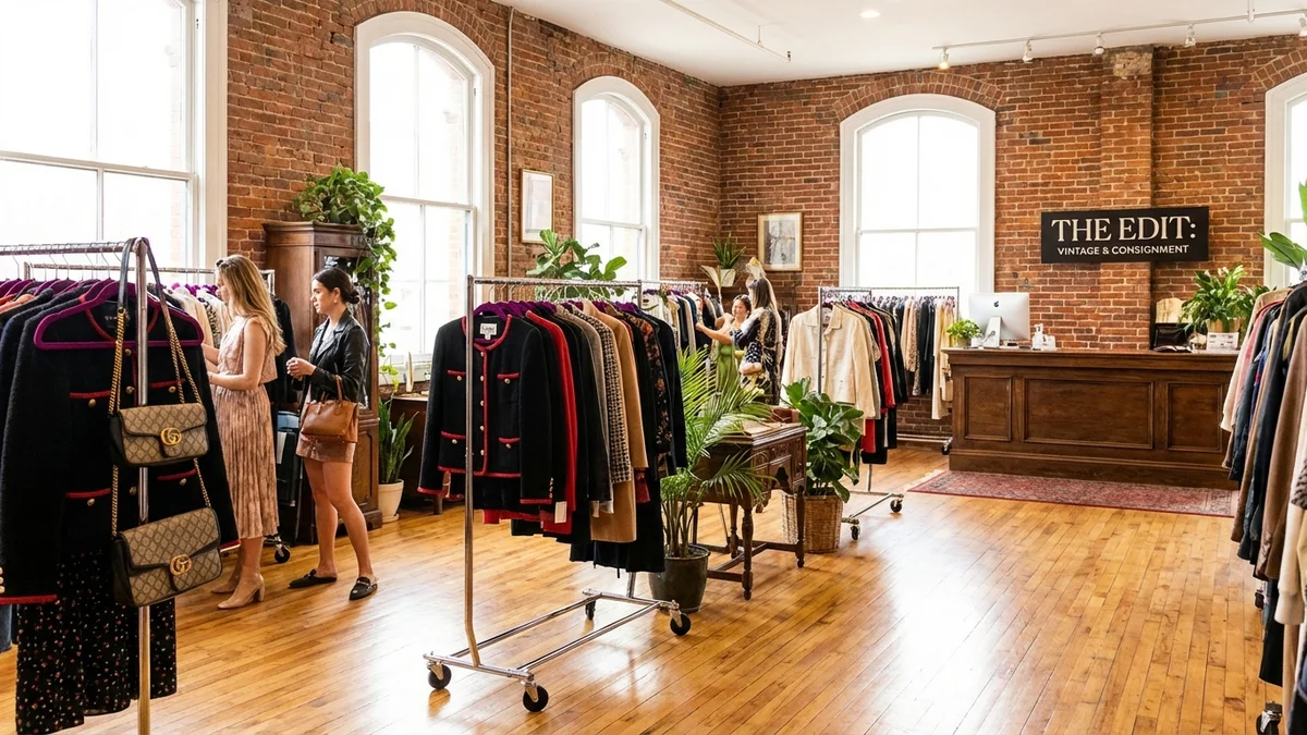 Thrift store shopping scene showing racks of quality secondhand clothing
