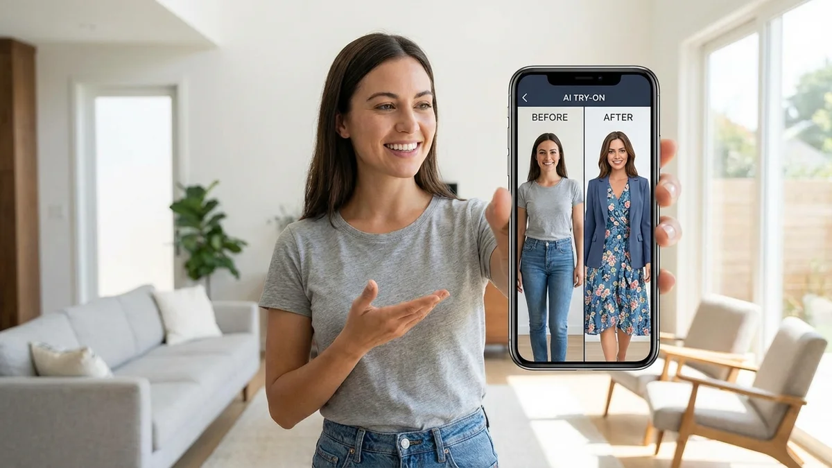 Person using AI clothes changer app to virtually try on different outfits