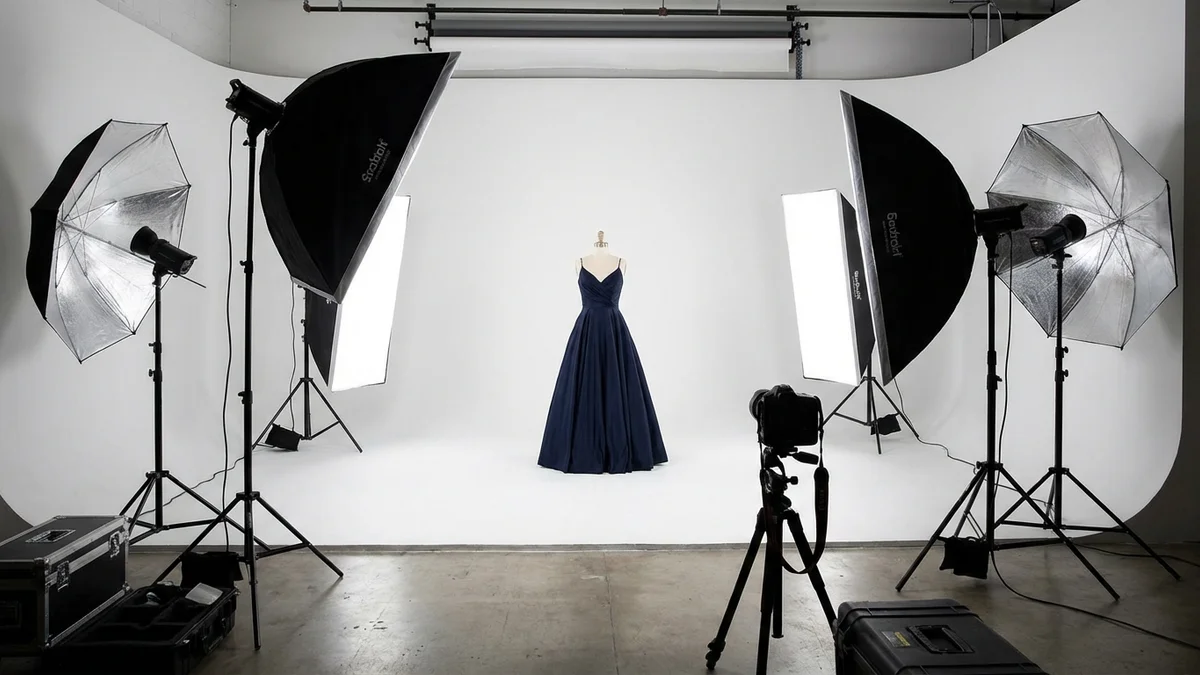 Fashion clothing displayed on professional white seamless backdrop in photography studio