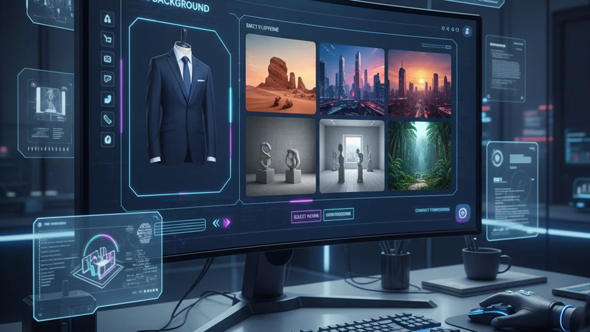 AI background generator creating professional fashion photoshoot backdrop on computer screen