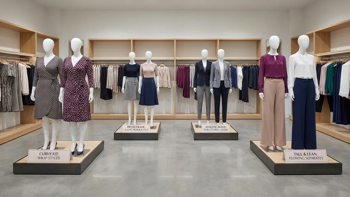 Fashion display showing flattering clothing styles organized by body type
