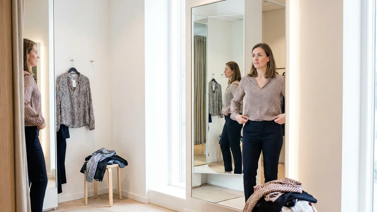 Person examining outfit in mirror identifying fit issues and styling mistakes
