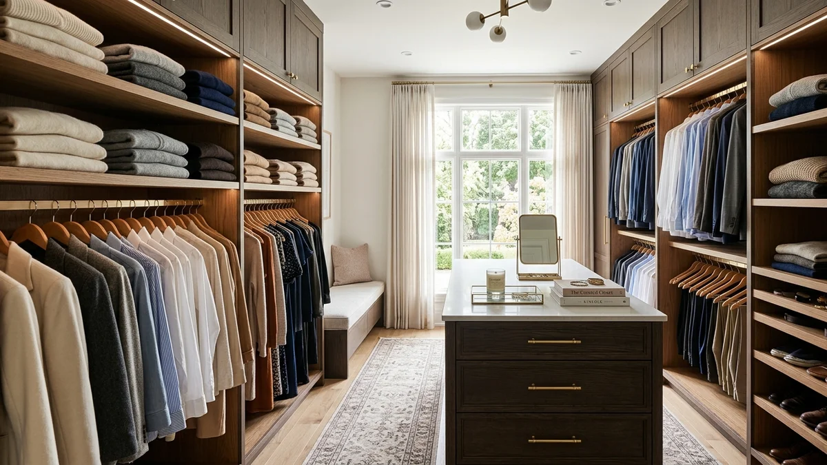 Modern walk-in clothes room with organized sections for different clothing categories