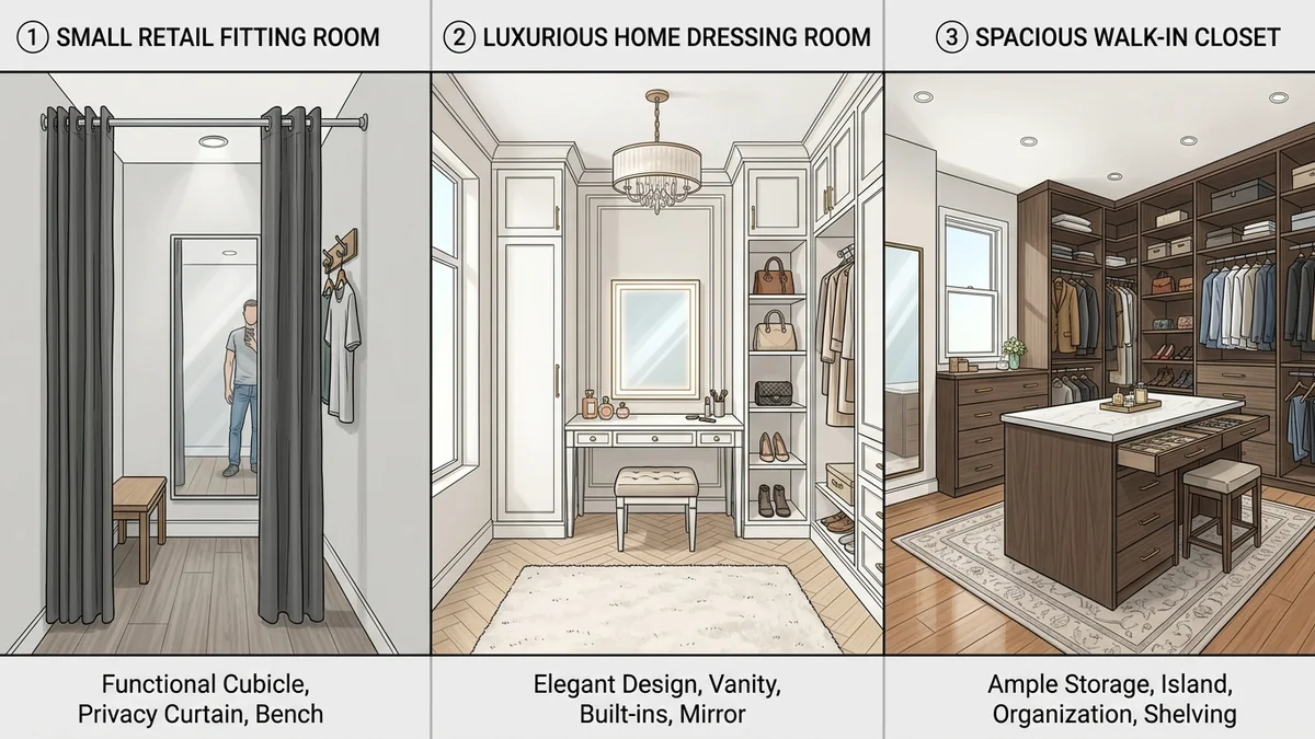 Side-by-side comparison of fitting room, dressing room, and walk-in closet spaces
