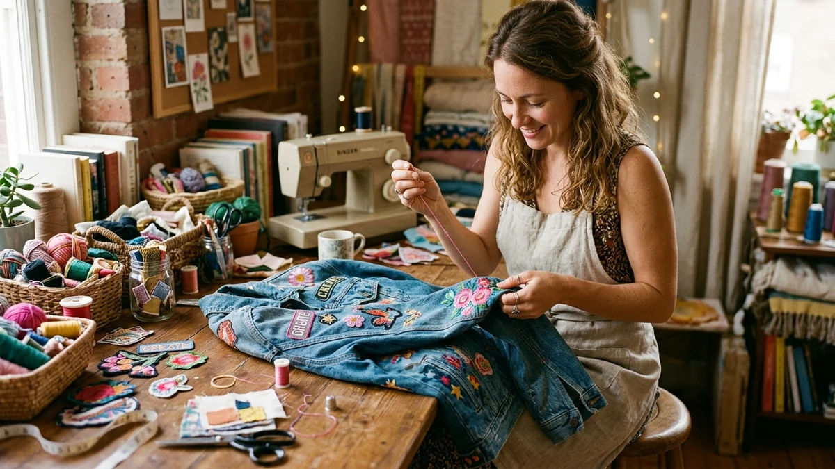 Woman creatively transforming old denim jacket with patches and embroidery at a craft table