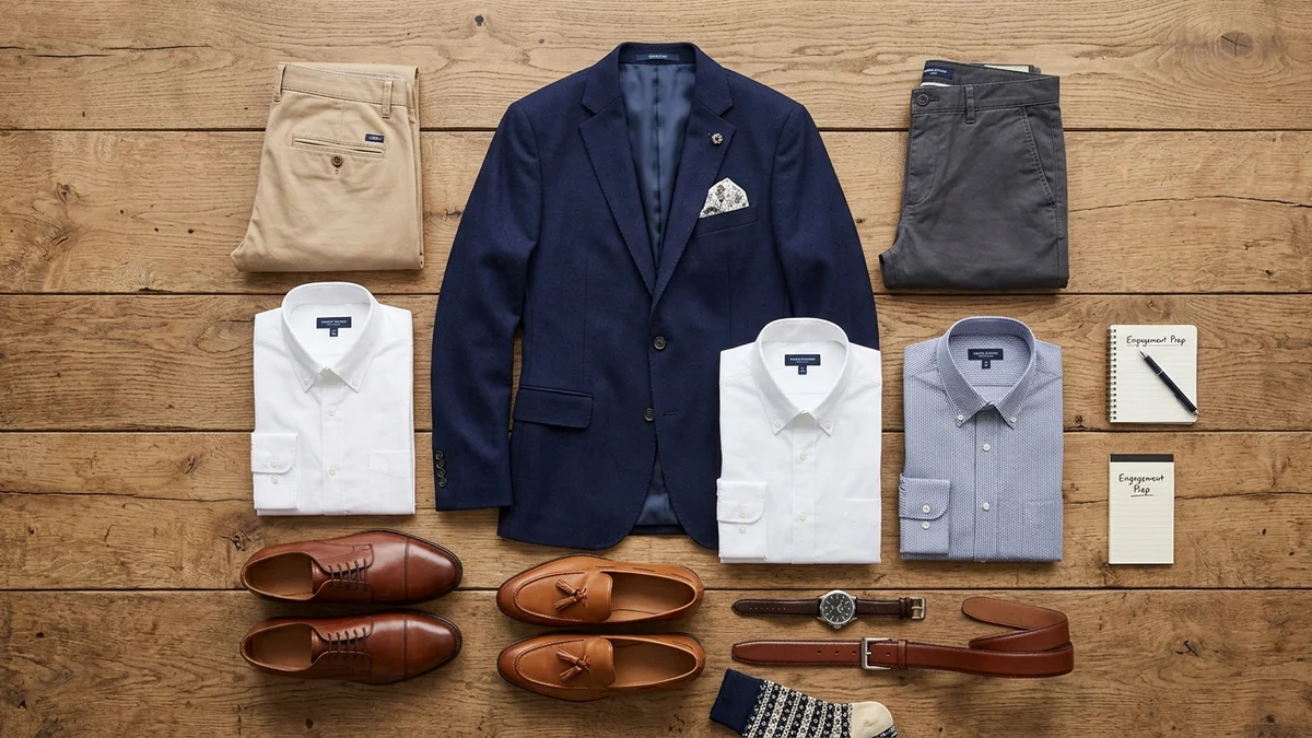 Men's engagement photo outfit options laid out flat