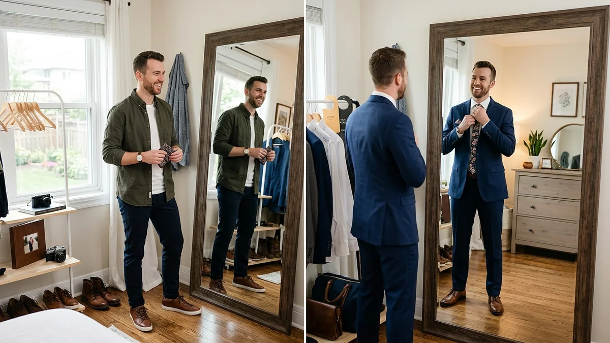 Man comparing outfit options in front of a mirror