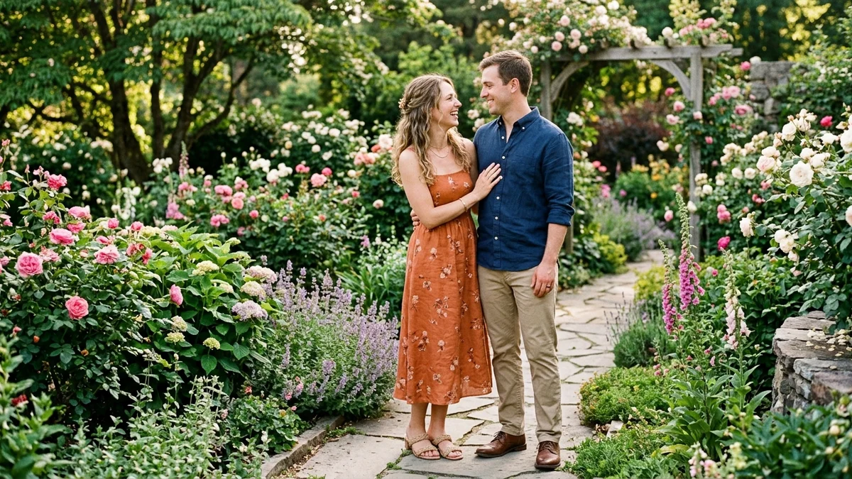 Couple coordinating engagement photo outfits in complementary colors