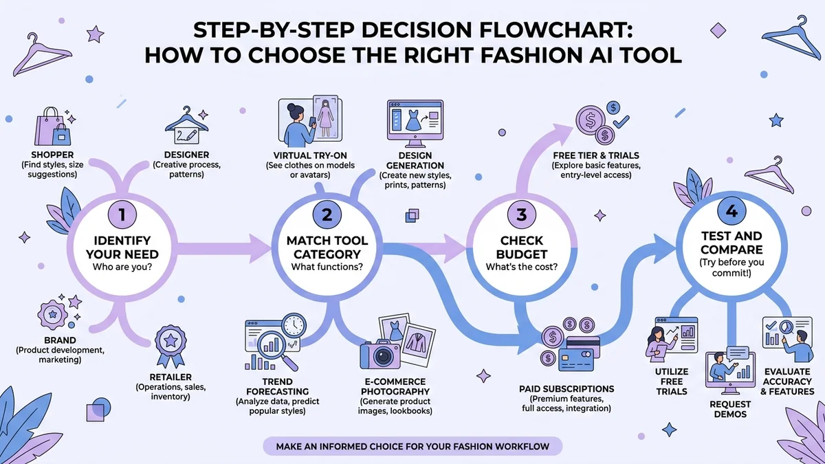 Fashion AI tool selection process infographic showing decision flowchart for different user types