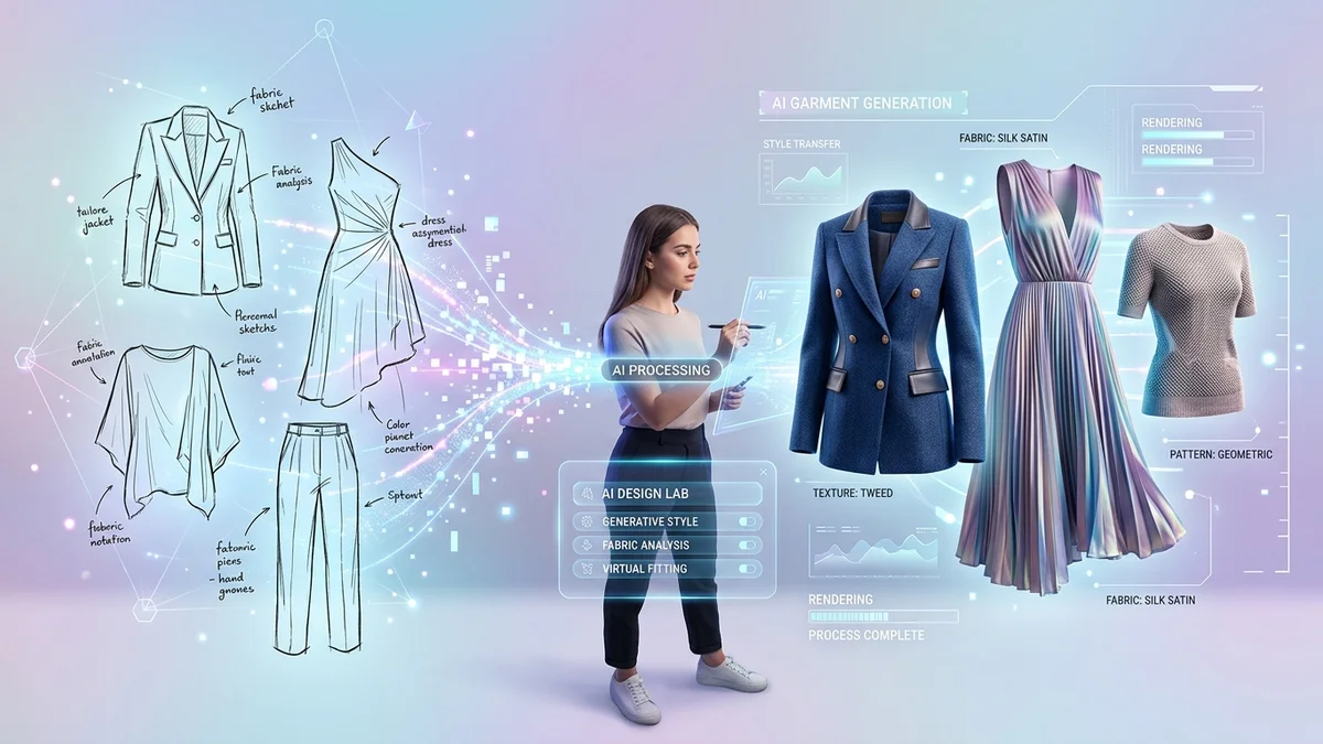 Fashion AI tool concept showing design interface with AI-generated clothing