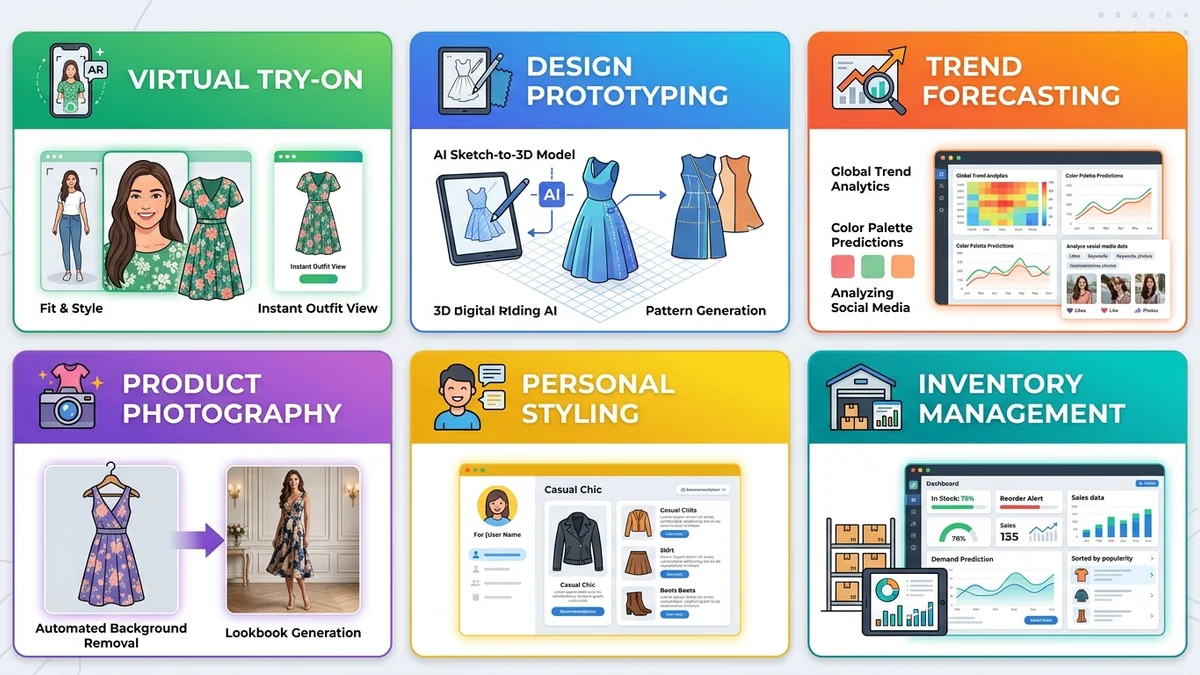 Different categories of fashion AI tools displayed in organized grid