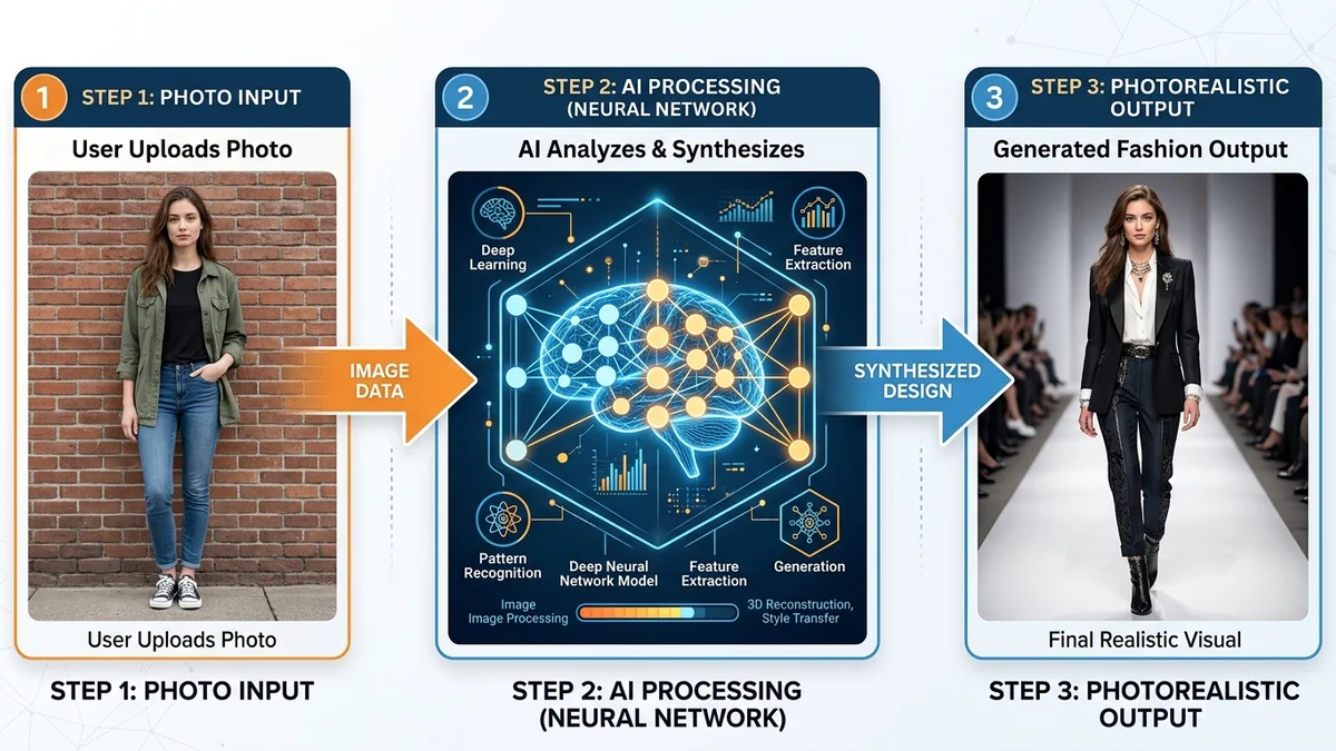 Step-by-step process of how fashion AI tools work from input to output