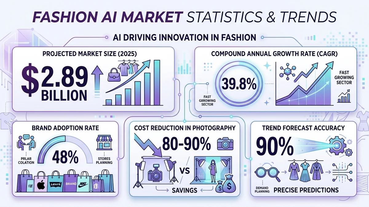Fashion AI tools market statistics infographic showing $2.89B market size, 39.8% growth rate, 48% brand adoption, and 80-90% cost reduction