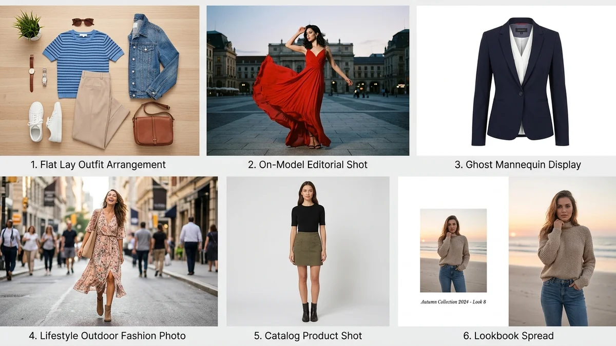Different types of fashion clothes photography styles displayed side by side
