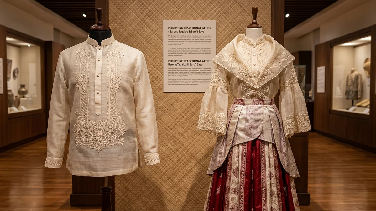 Traditional Filipino clothing display showing Barong Tagalog and Filipiniana dress side by side