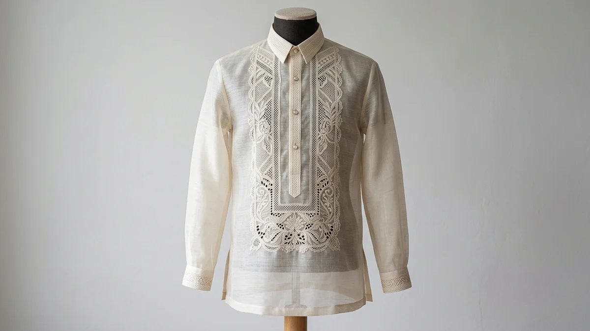 Elegant Barong Tagalog with detailed embroidery on piña fabric displayed on mannequin