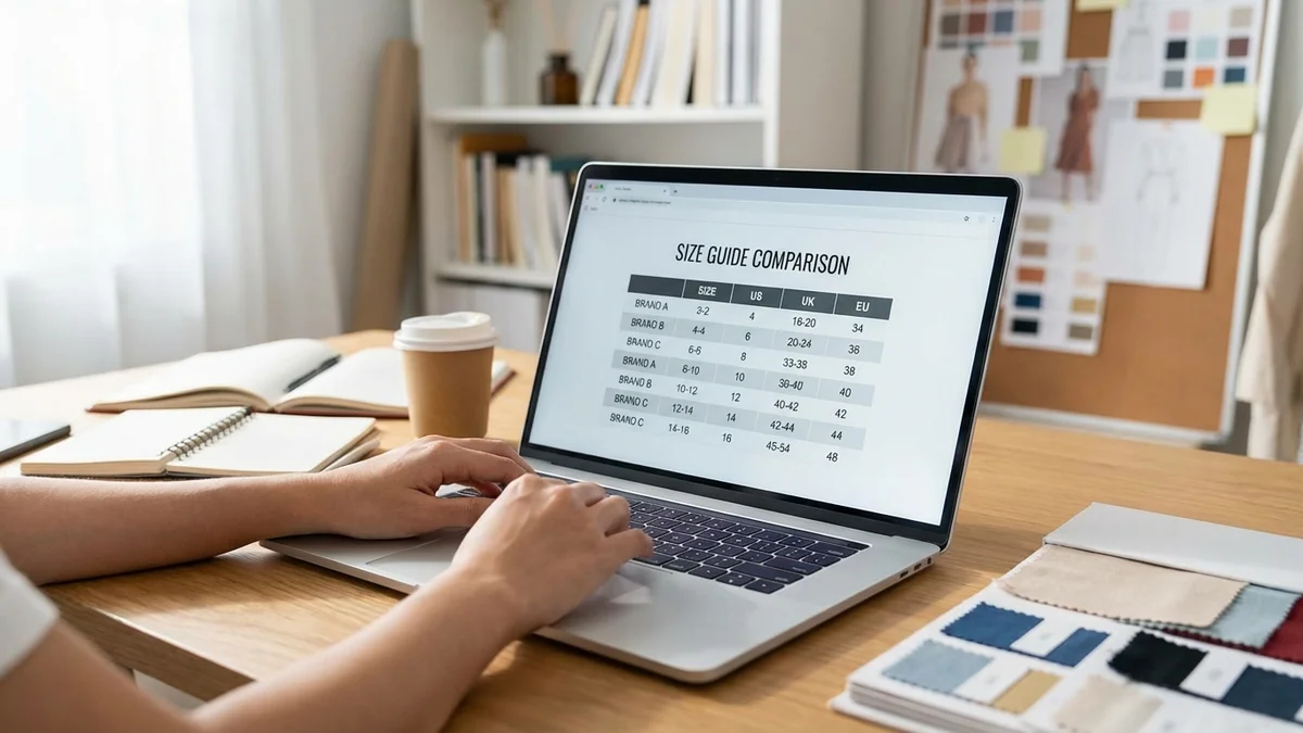 Size chart comparison on laptop screen showing different brand sizing options