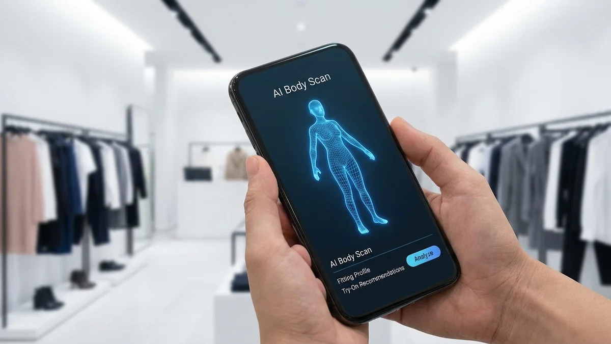 AI sizing technology on smartphone app showing body scanning visualization