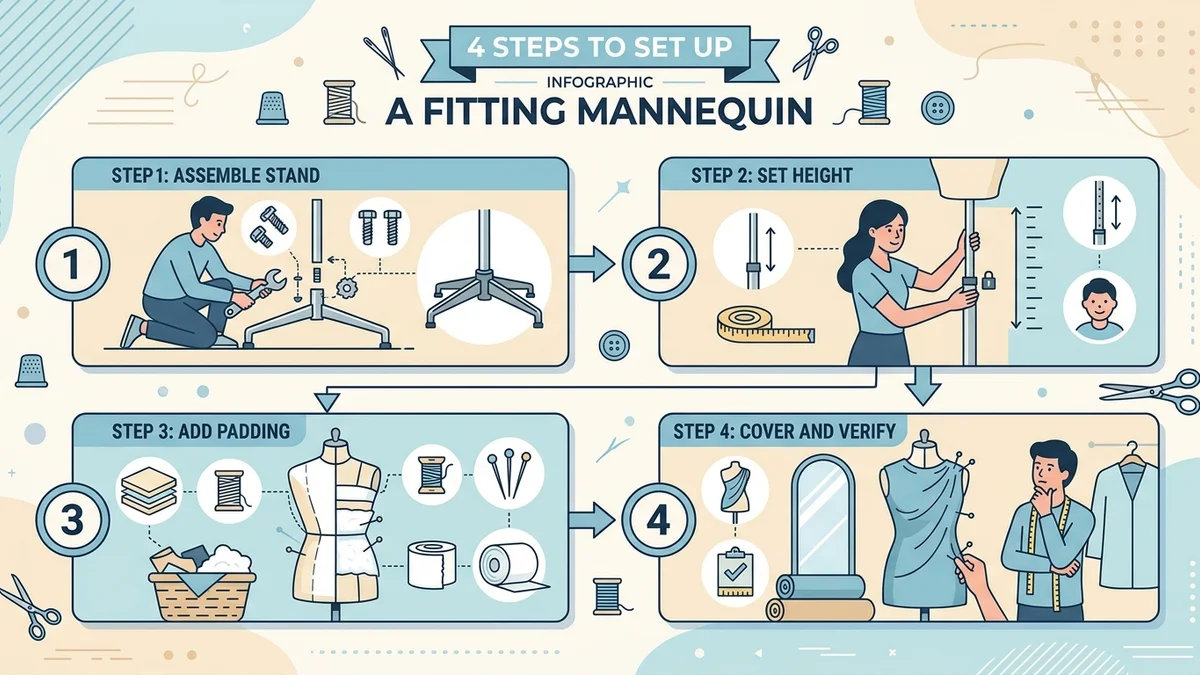 Process infographic showing 4 steps to set up a fitting mannequin