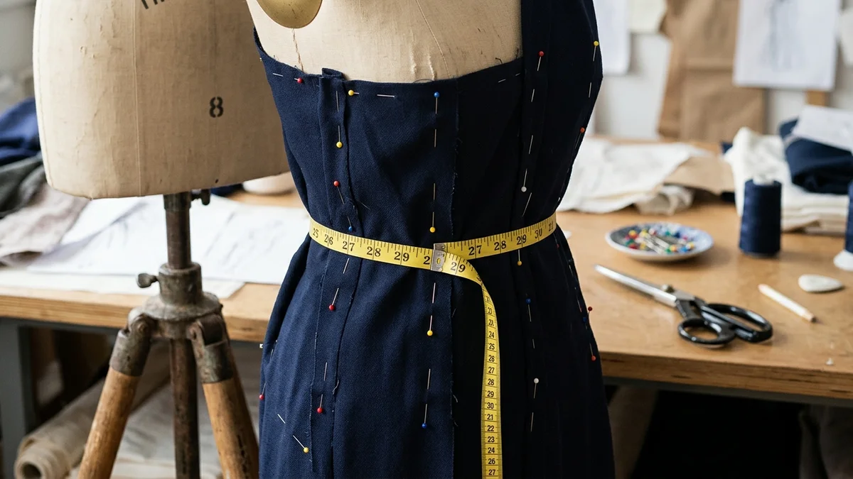 Professional fitting mannequin in a sewing studio with measuring tape and fabric