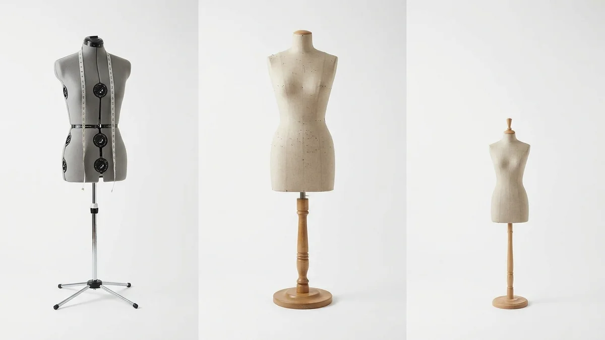 Collection of different dress form types showing adjustable, professional, and half-scale models