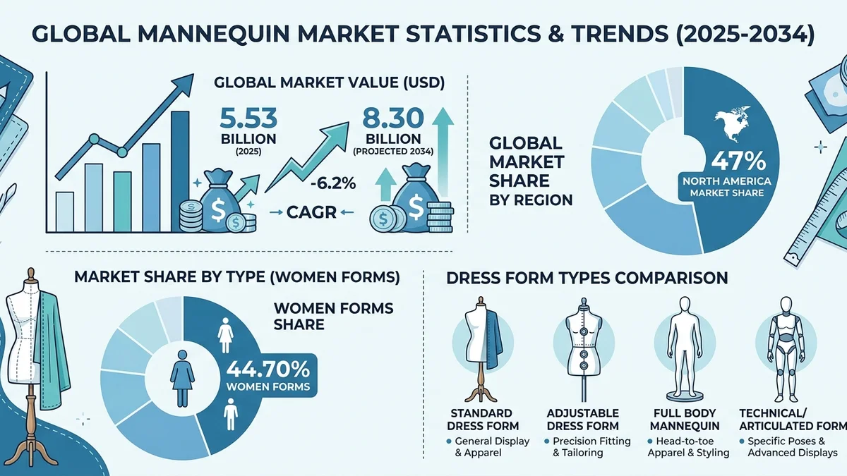 Statistics infographic showing mannequin market data and dress form usage
