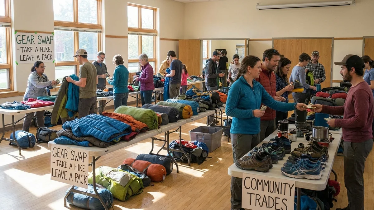 Community outdoor gear swap event with tables displaying jackets, hiking boots, and camping equipment