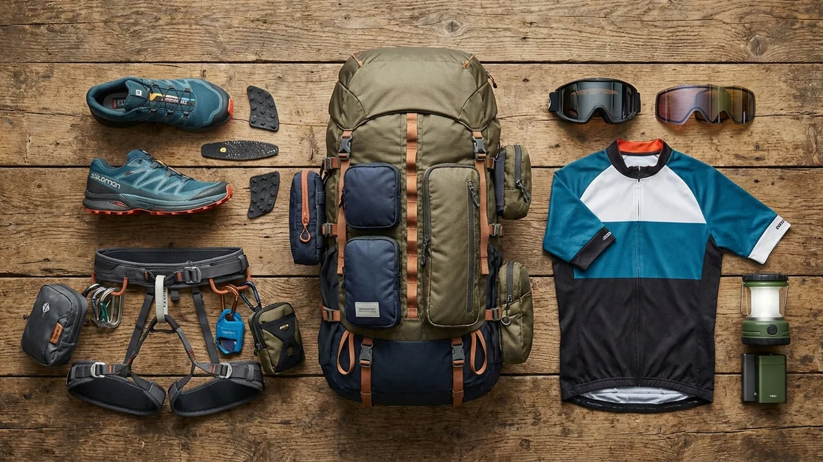 Collection of swappable gear including hiking backpacks, athletic shoes, jackets, and camping accessories