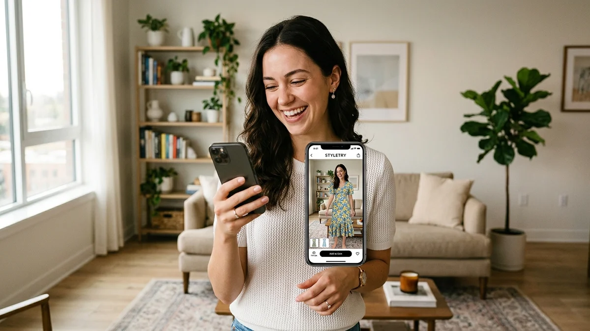 Person using virtual try-on app on smartphone to check clothing fit before purchasing