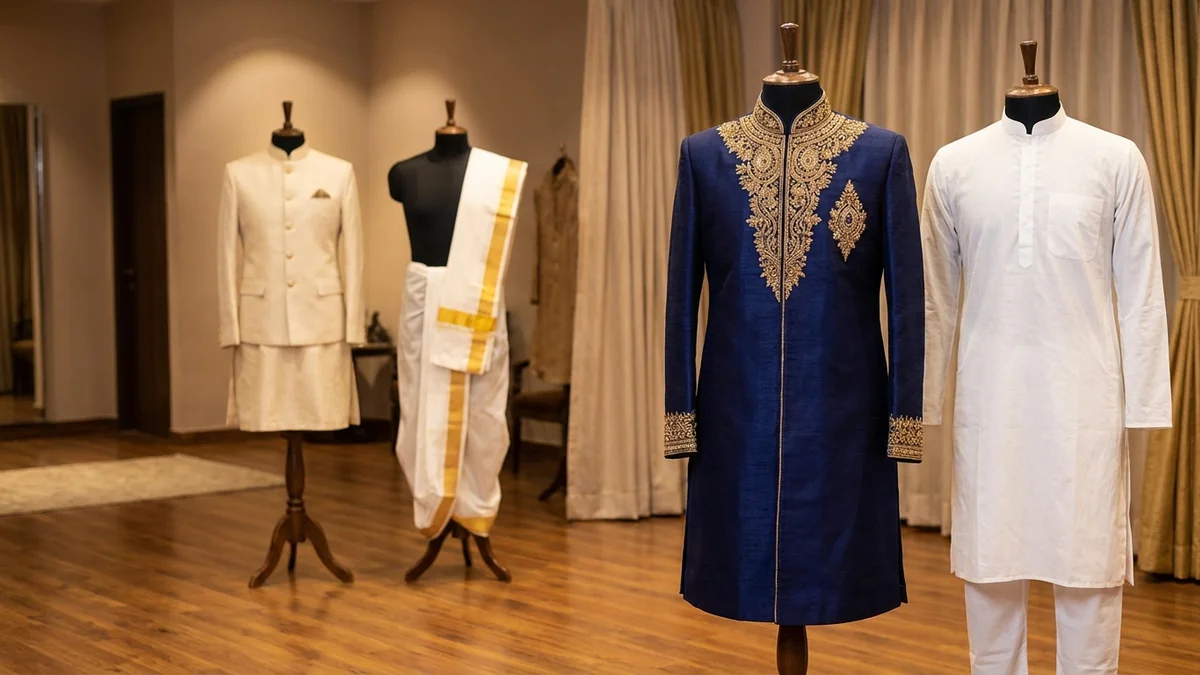 Traditional Indian men's clothing including sherwani and kurta-pajama