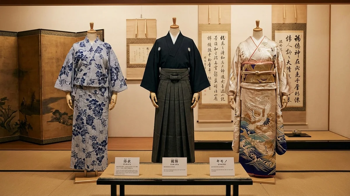 Different types of Japanese traditional clothing - kimono, yukata, and hakama displayed in a traditional setting