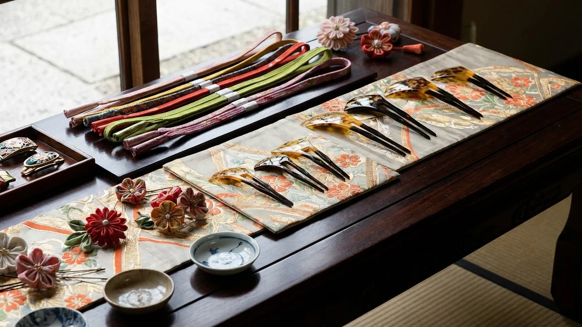 Essential kimono accessories - obi sashes, obijime cords, kanzashi hair ornaments, and tabi socks