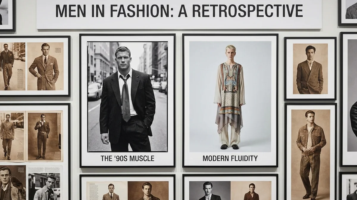 Iconic male models showcasing different eras of Gucci menswear fashion