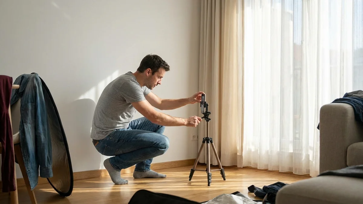 Man taking self-portrait model photos at home with smartphone on tripod near window
