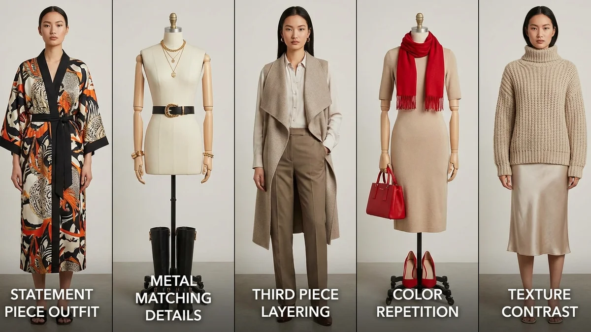 Five styling techniques demonstrated with outfit examples