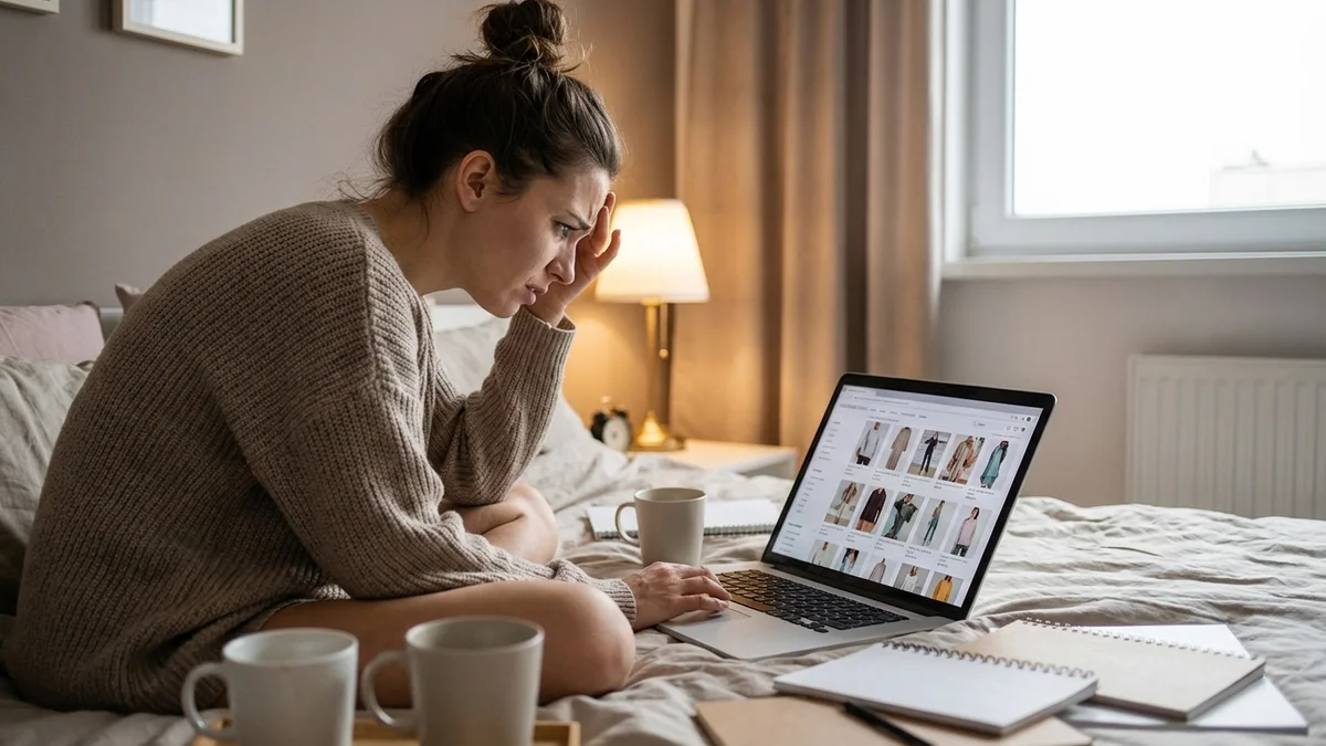 Woman feeling overwhelmed by online shopping choices