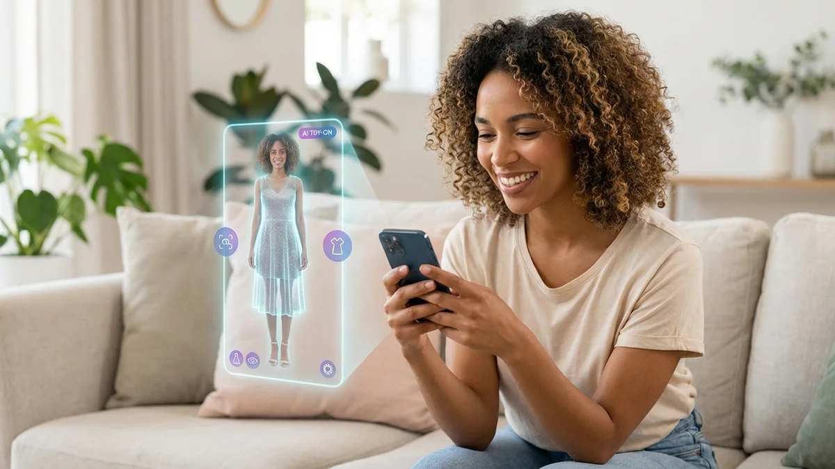 Woman using virtual try-on technology on smartphone