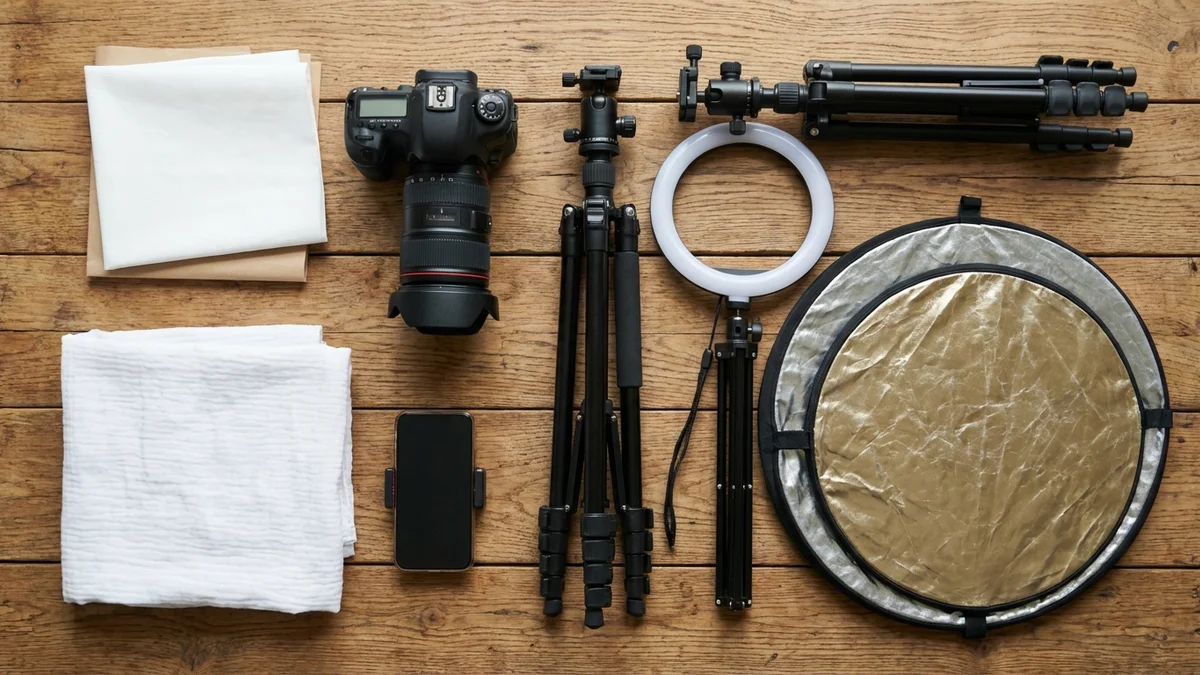 Collection of photography equipment for clothing shoots