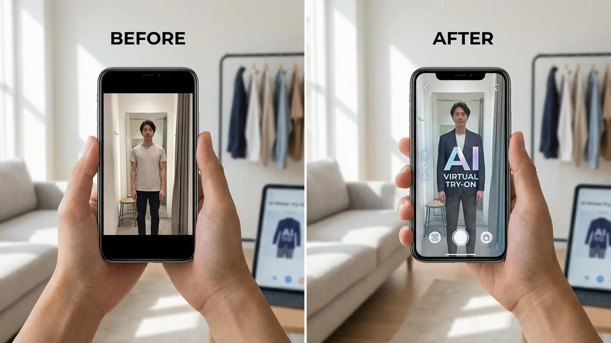 AI virtual try-on technology demonstration with before and after