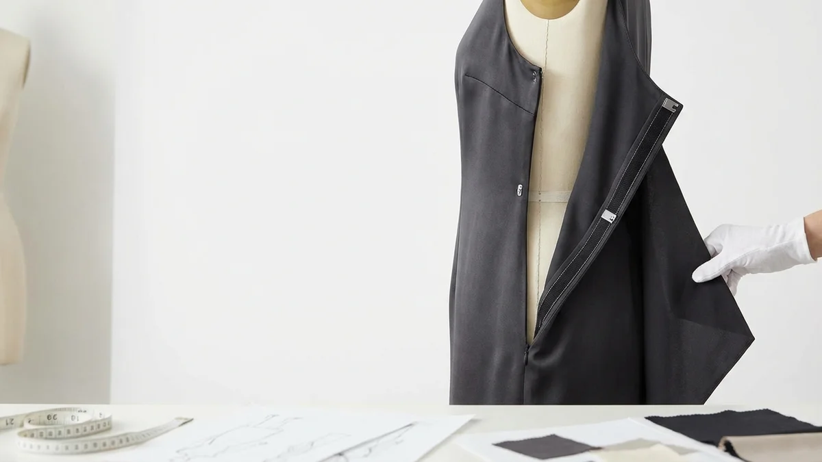 Elegant quick change dress displayed on mannequin showing hidden closure mechanisms